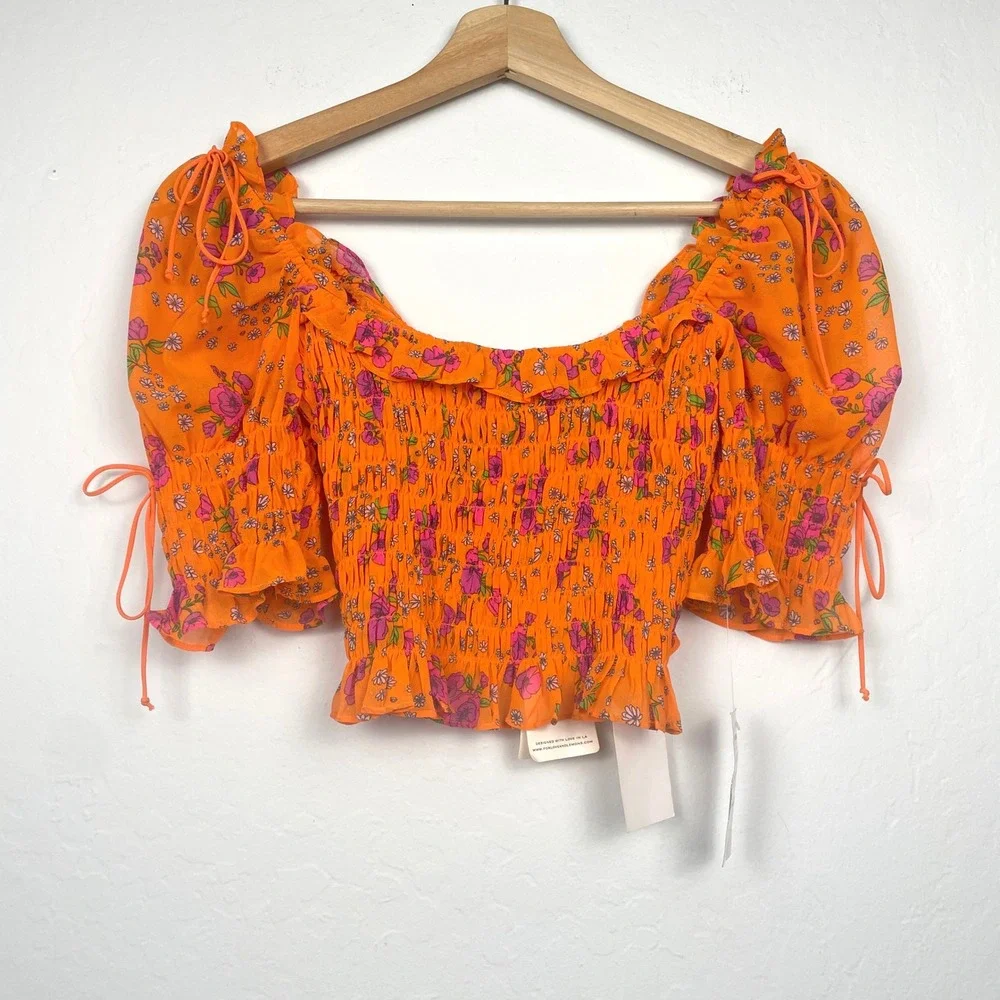 NWT For Love & Lemons Peony Smocked Crop Top in Tangerine Size XS - Picture 2 of 10
